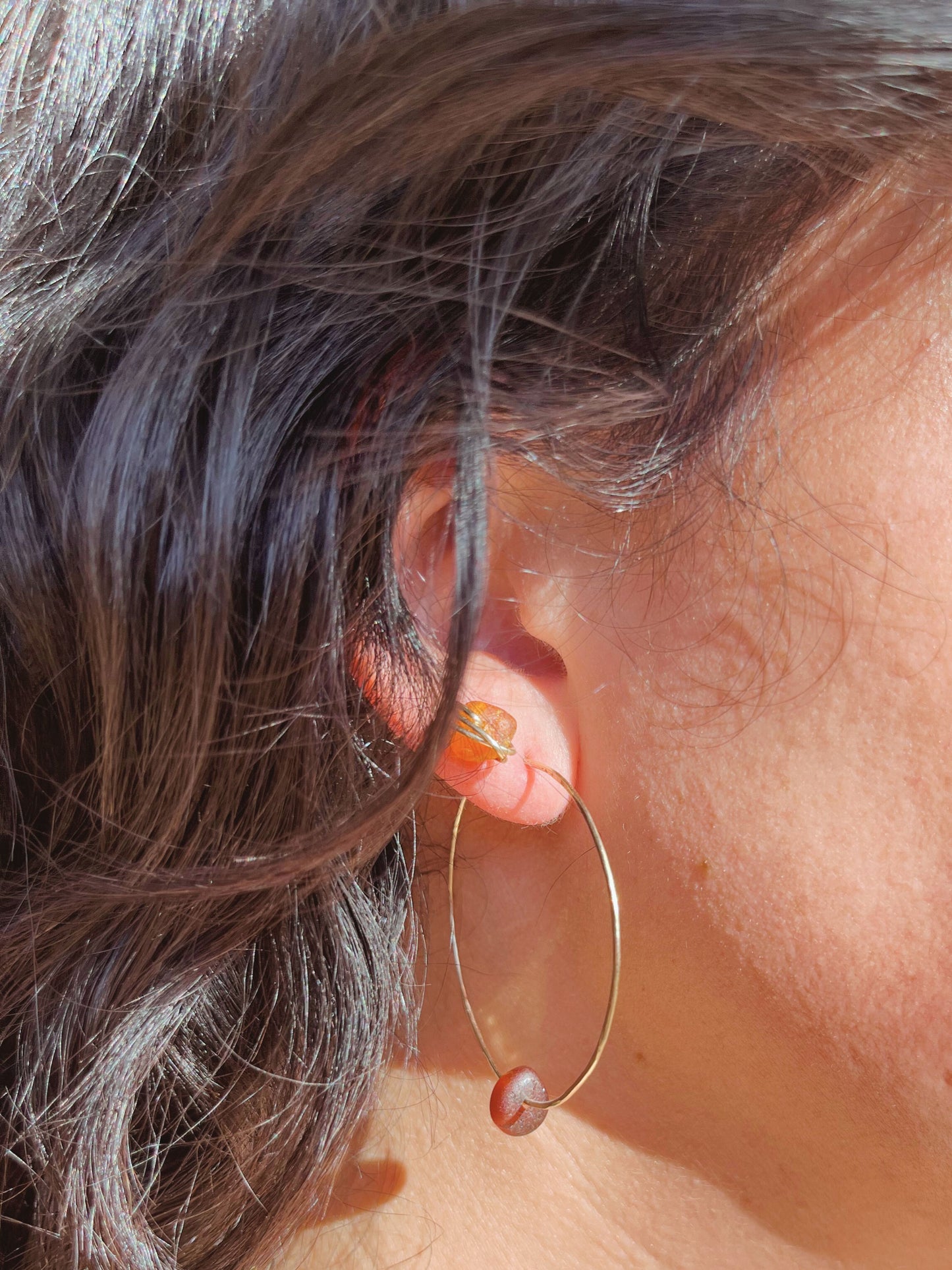 Rustic Hoop Earrings - With Amber